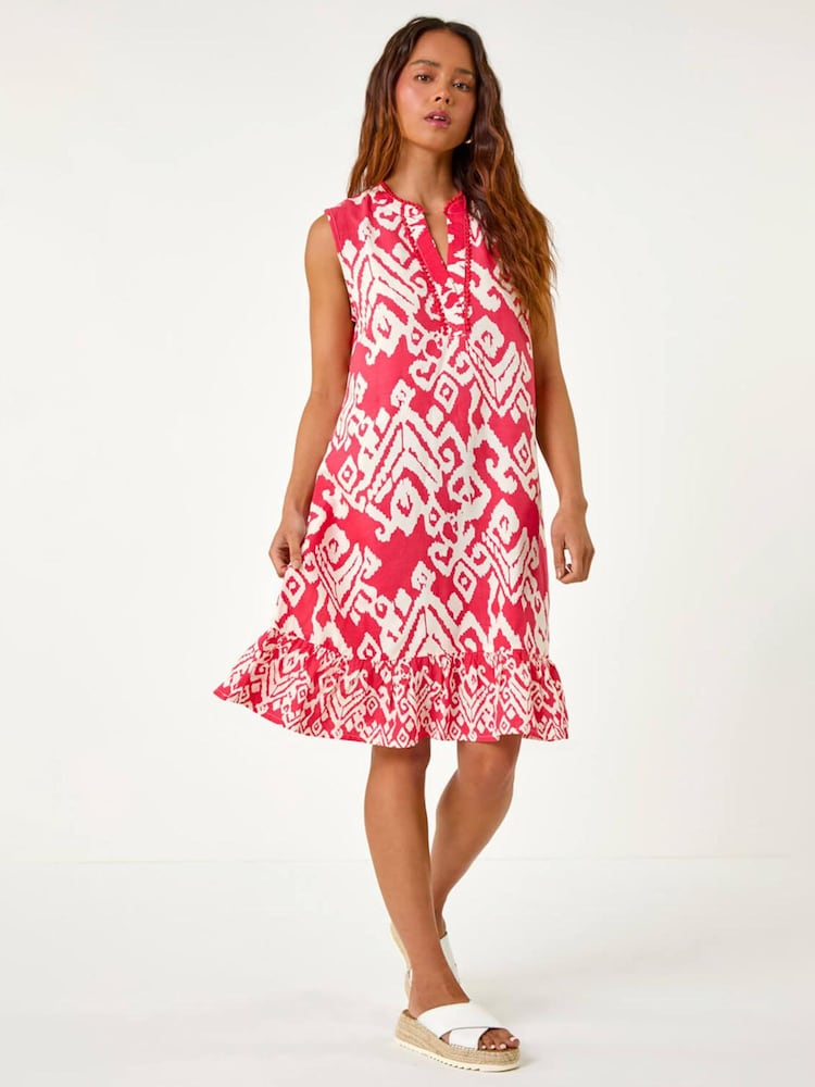 Roman Pink Petite Aztec Frill Hem Dress - Image 1 of 5 Roman Pink Petite Aztec Frill Hem Dress - Image 1 of 5