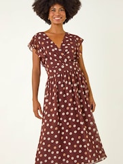 Roman Brown Spot Print V-Neck Frill Midi Dress - Image 1 of 5