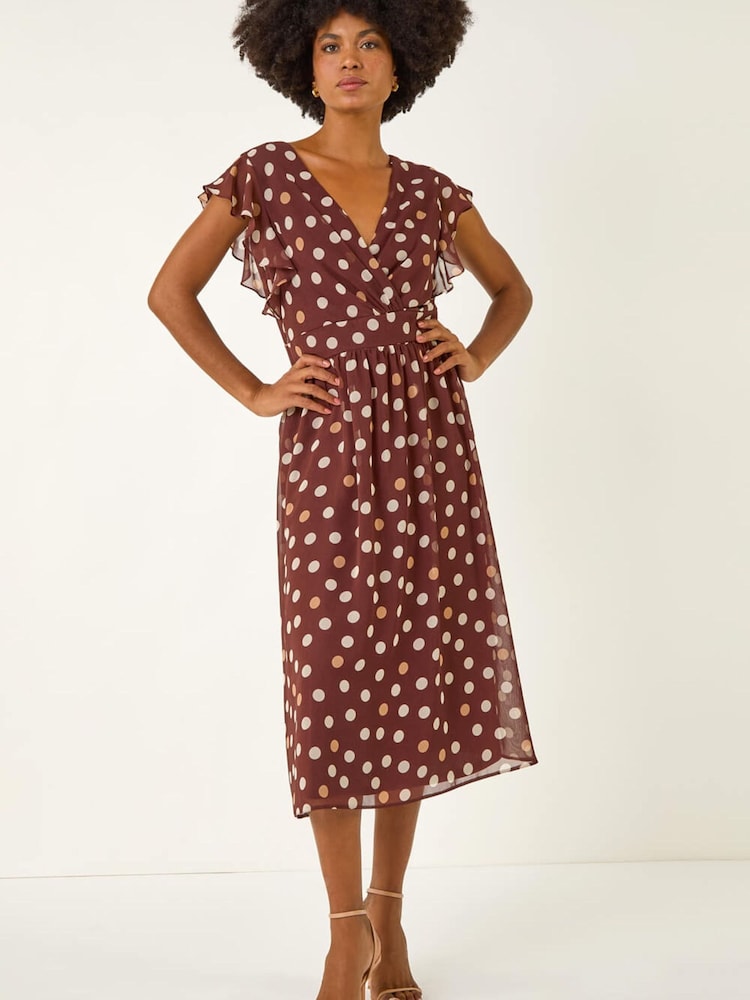 Roman Brown Spot Print V-Neck Frill Midi Dress - Image 2 of 5