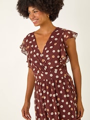 Roman Brown Spot Print V-Neck Frill Midi Dress - Image 4 of 5
