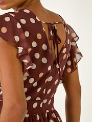 Roman Brown Spot Print V-Neck Frill Midi Dress - Image 5 of 5