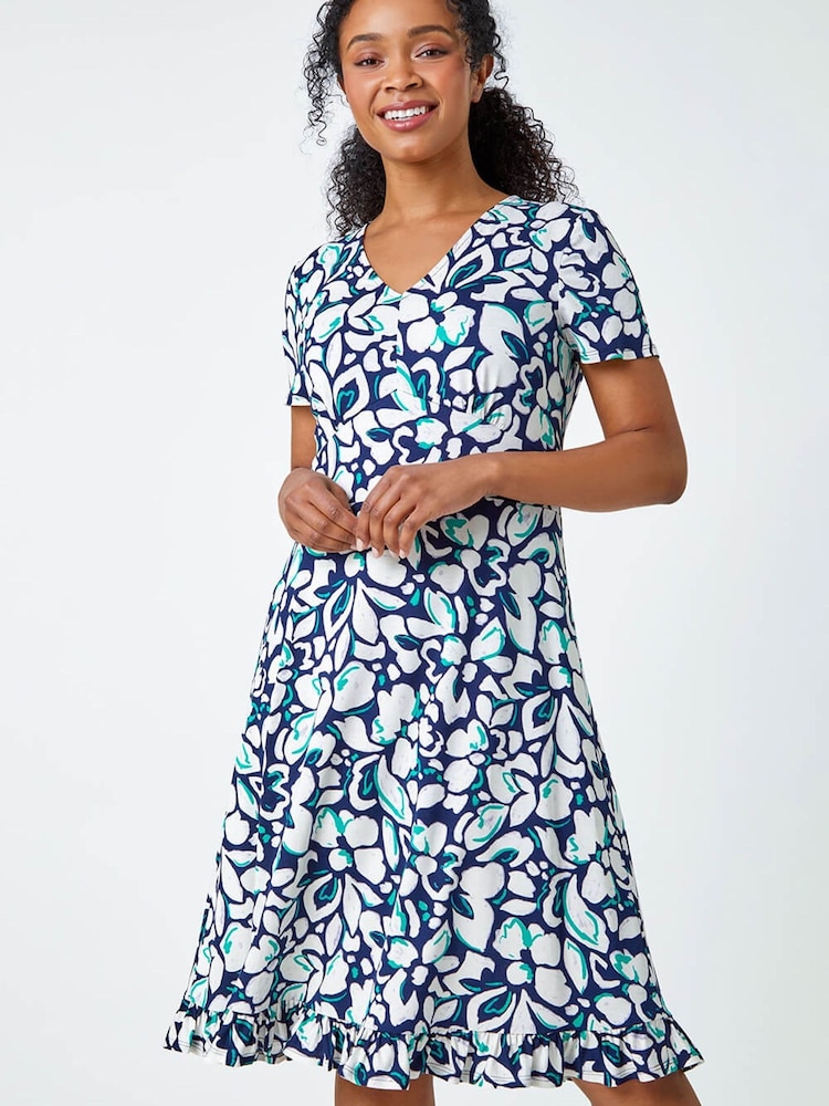 Roman Petite Floral Frill Hem Stretch Dress - Image 1 of 5 Roman Petite Floral Frill Hem Stretch Dress - Image 1 of 5