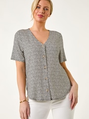 Roman Black Petite Spot V-Neck Stretch Blouse - Image 1 of 5