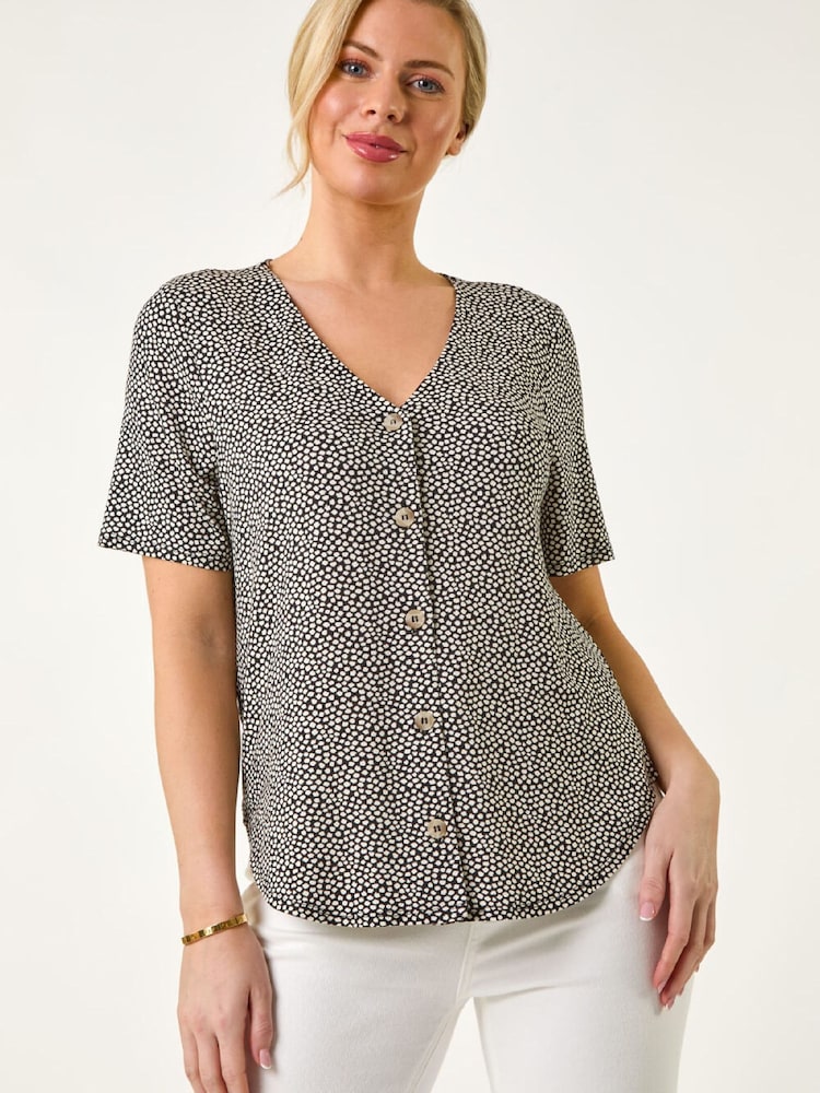 Roman Black Petite Spot V-Neck Stretch Blouse - Image 1 of 5