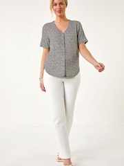 Roman Black Petite Spot V-Neck Stretch Blouse - Image 2 of 5