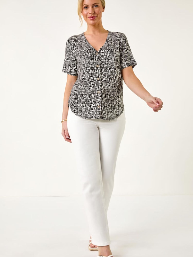 Roman Black Petite Spot V-Neck Stretch Blouse - Image 2 of 5