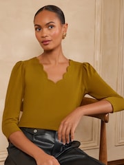 Love & Roses Mustard Yellow 3/4 Sleeve Scallop V-Neck Jersey Top - Image 1 of 5
