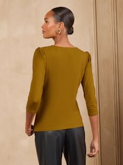 Love & Roses Mustard Yellow 3/4 Sleeve Scallop V-Neck Jersey Top - Image 4 of 5
