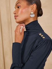 Love & Roses Navy Blue High Neck Shoulder Pad Long Sleeve Top - Image 2 of 5