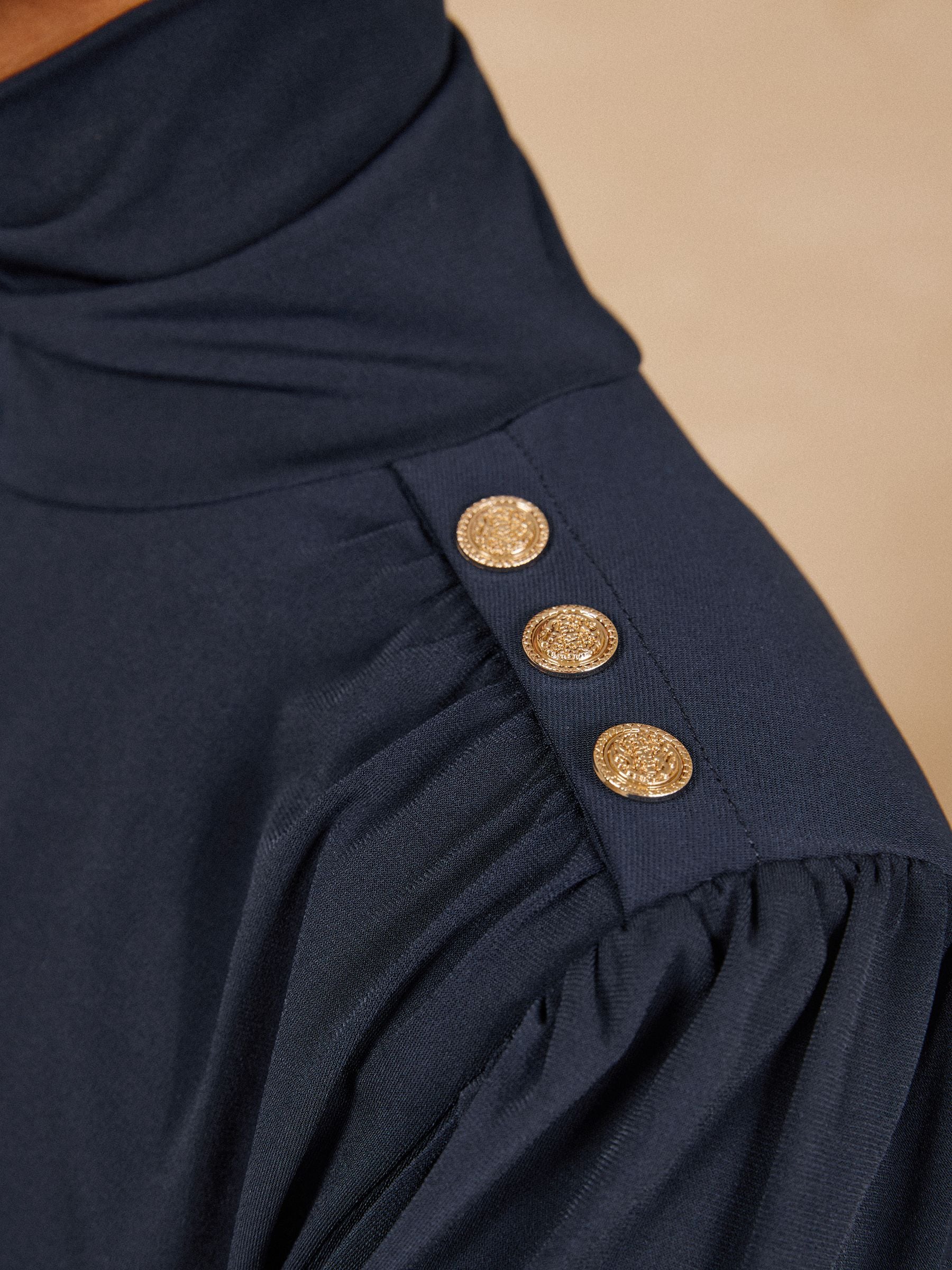Buy Love & Roses Navy Blue High Neck Shoulder Pad Long Sleeve Top