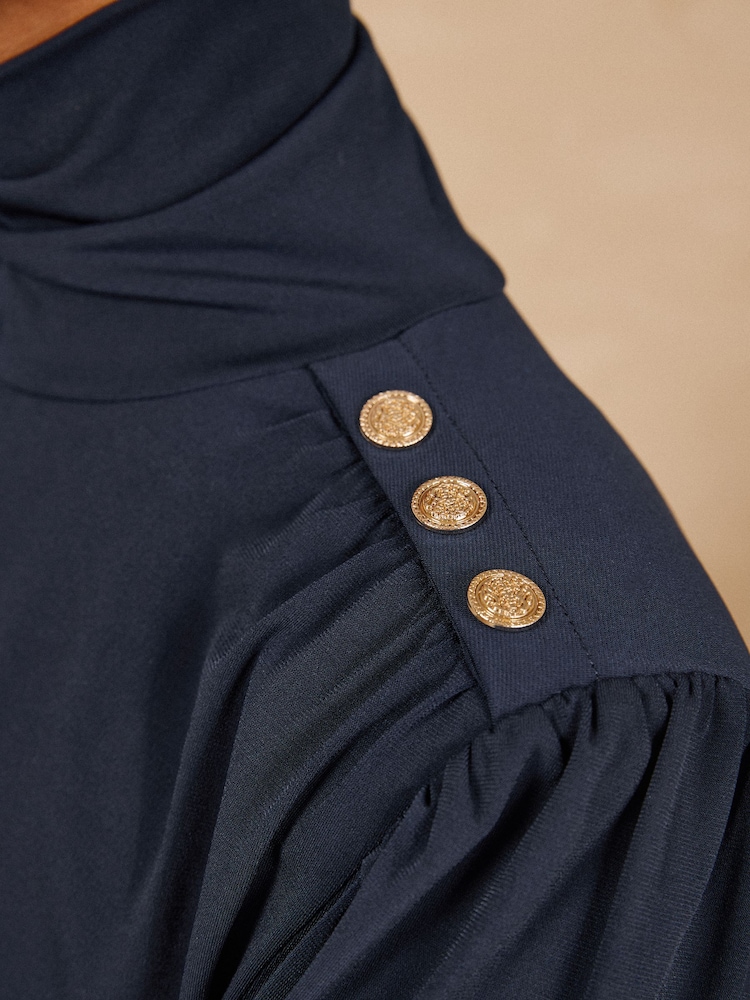 Love & Roses Navy Blue High Neck Shoulder Pad Long Sleeve Top - Image 5 of 5