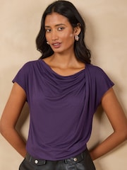 Love & Roses Purple Cowl Neck Drape Short Sleeve T-Shirt - Image 1 of 5