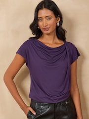 Love & Roses Purple Cowl Neck Drape Short Sleeve T-Shirt - Image 4 of 5