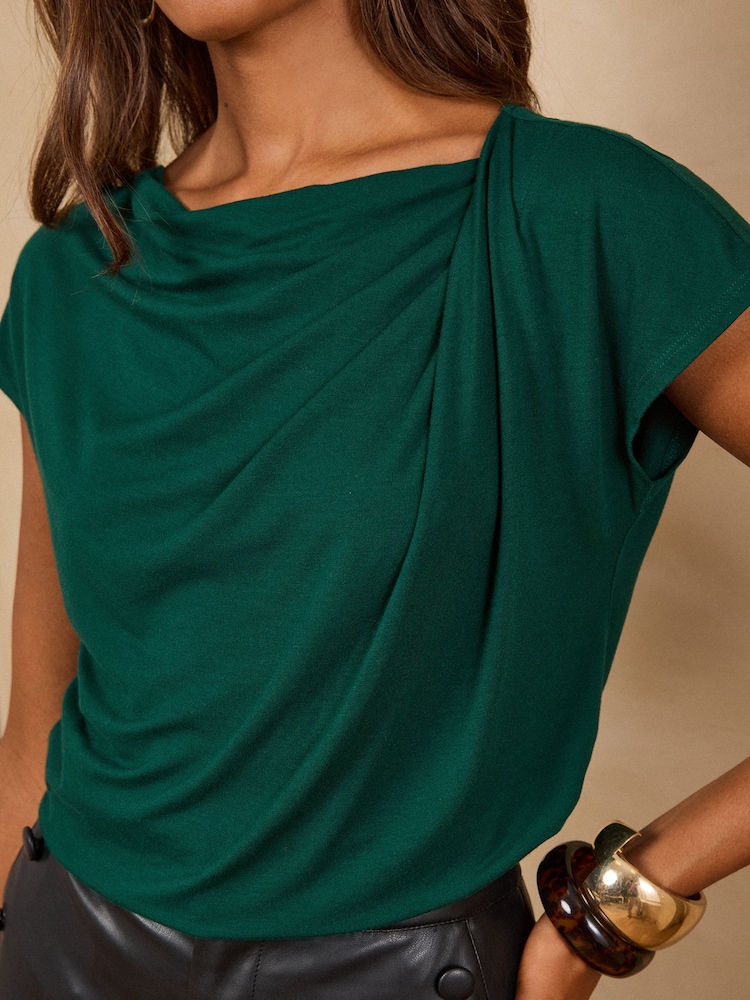 Love & Roses Forest Green Cowl Neck Drape Short Sleeve T-Shirt - Image 2 of 4 Love & Roses Forest Green Cowl Neck Drape Short Sleeve T-Shirt - Image 2 of 4