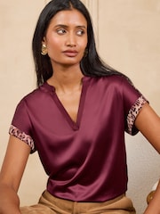 Love & Roses Burgundy Red Notch Neck Satin Front Jersey T-Shirt - Image 1 of 5