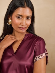 Love & Roses Burgundy Red Notch Neck Satin Front Jersey T-Shirt - Image 2 of 5
