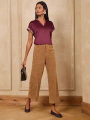 Love & Roses Burgundy Red Notch Neck Satin Front Jersey T-Shirt - Image 3 of 5