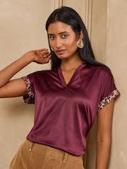 Love & Roses Burgundy Red Notch Neck Satin Front Jersey T-Shirt - Image 4 of 5