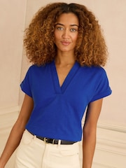 Cobalt Blue - Love & Roses Notch Neck Jersey T-Shirt - Larawan 1 ng 4
