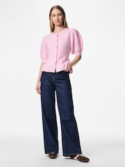 PIECES Pink Short Puff Sleeve Knit Cardigan - Image 1 of 3