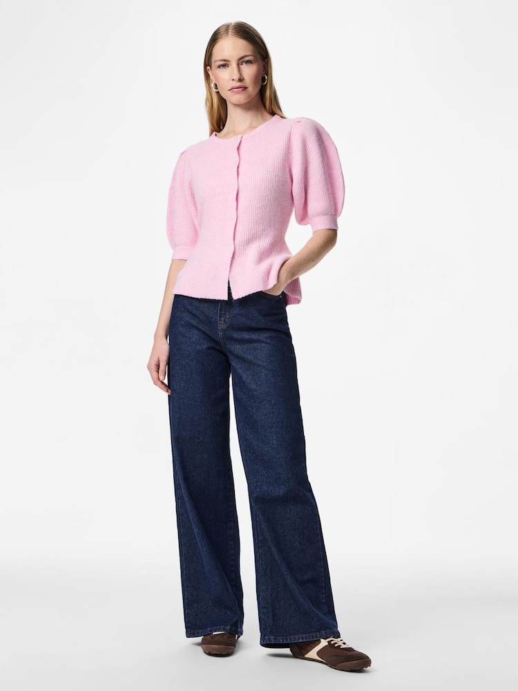 PIECES Pink Short Puff Sleeve Knit Cardigan - Image 1 of 3