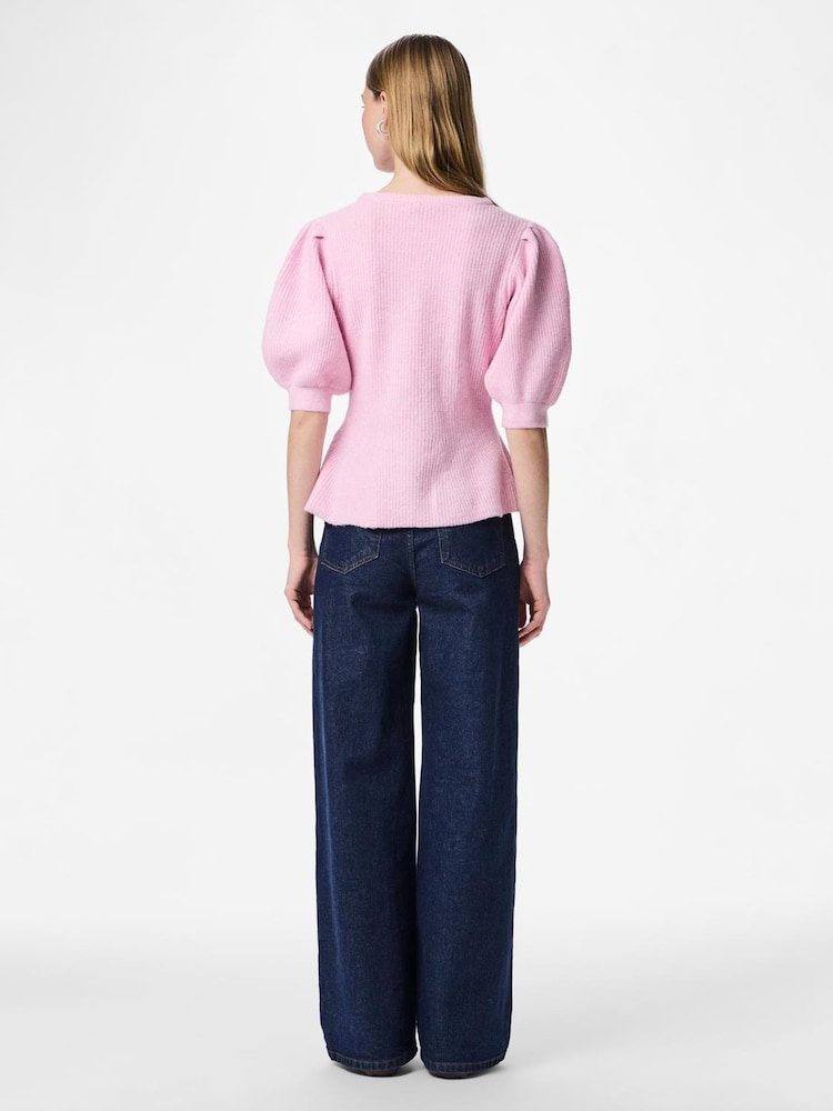 PIECES Pink Short Puff Sleeve Knit Cardigan - Image 2 of 3