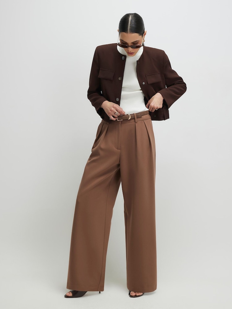 River Island Brown Belted Wide Leg Trousers - Image 1 of 4