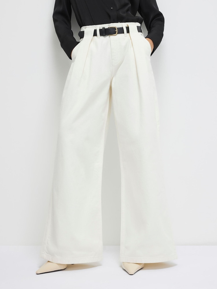 River Island Cream Belted Pleated High Rise Wide Leg Jeans - Image 4 of 4