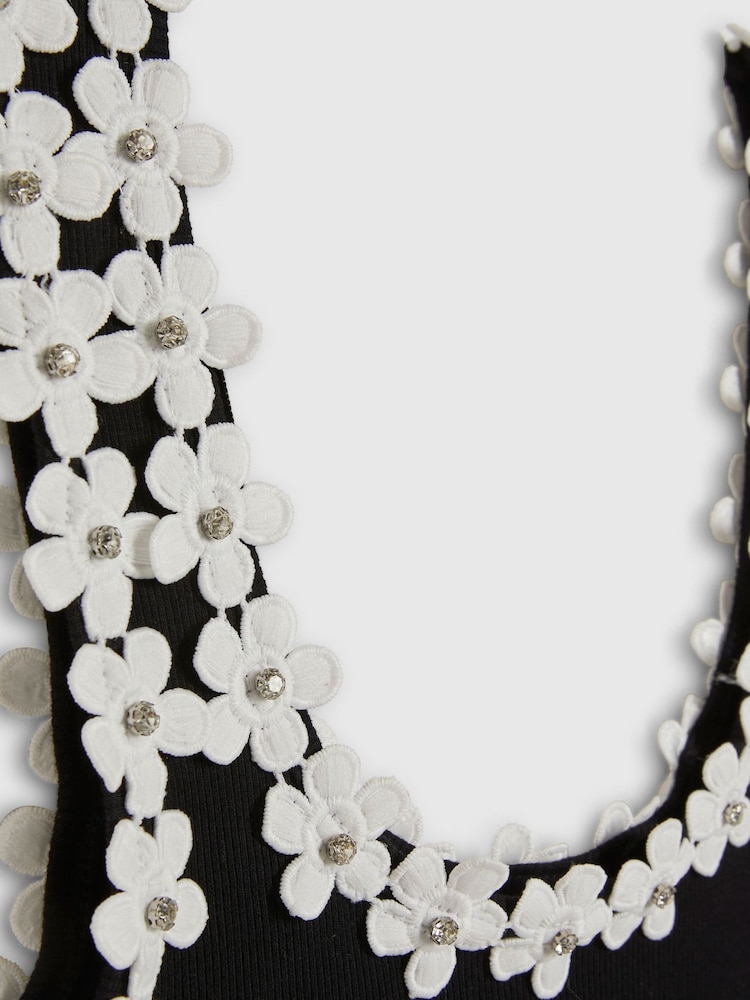 River Island Black Floral Diamante Trim Tank Top - Image 5 of 5