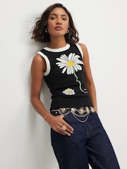 River Island Black Sleeveless Daisy Knitted Tank Top - Image 1 of 4