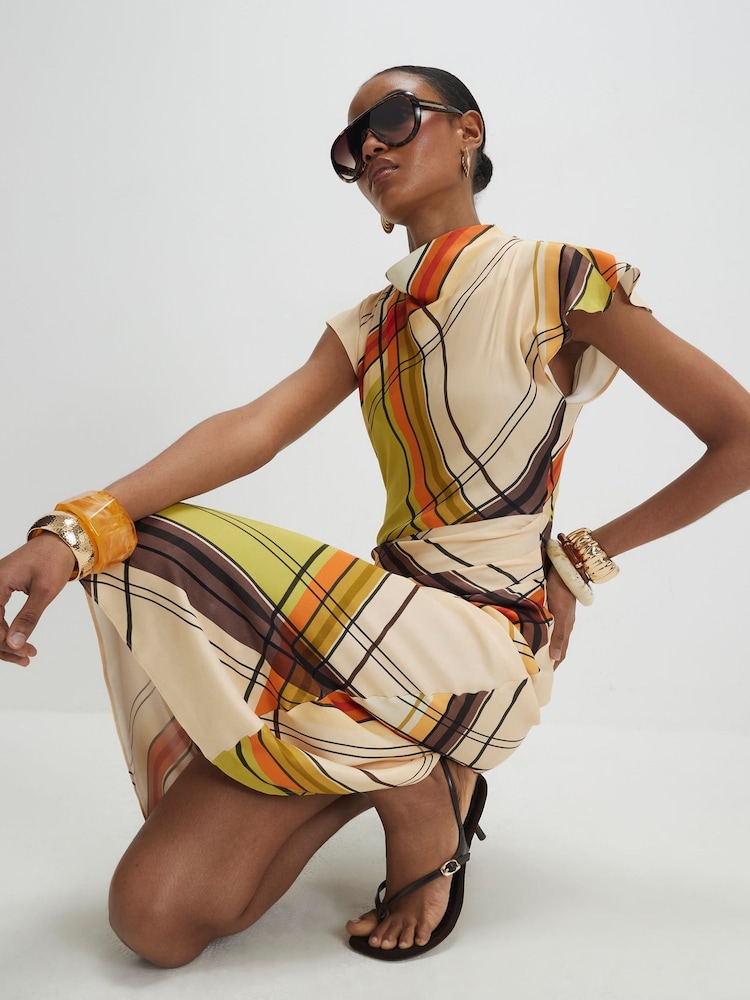 check print midi dress Check Print Button Through Midi Dress Brown