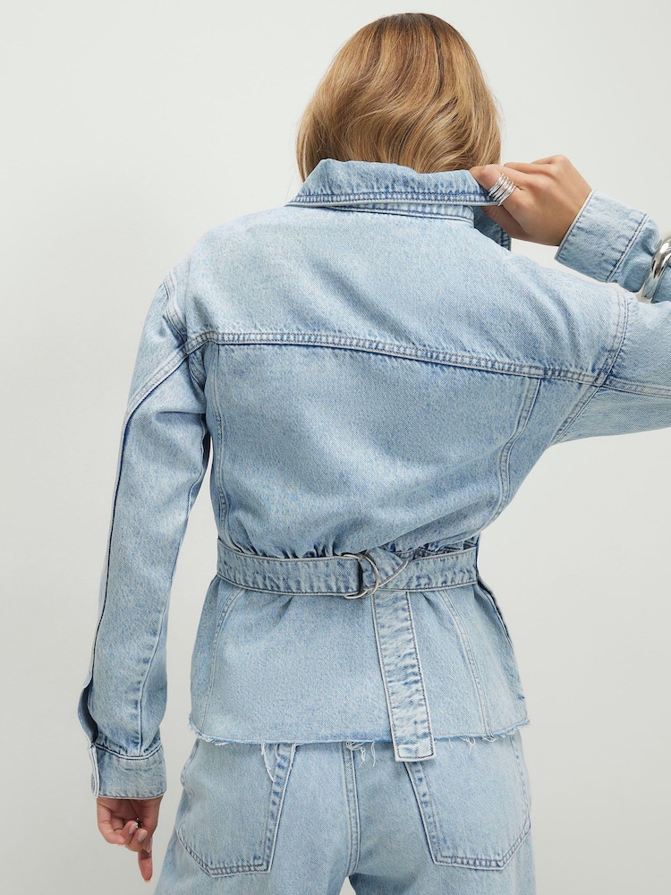 River Island Blue Cinched Waisted Denim Jacket - Image 2 of 4 River Island Blue Cinched Waisted Denim Jacket - Image 2 of 4