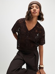 River Island Brown Crochet Stitch Cardigan - Image 2 of 4