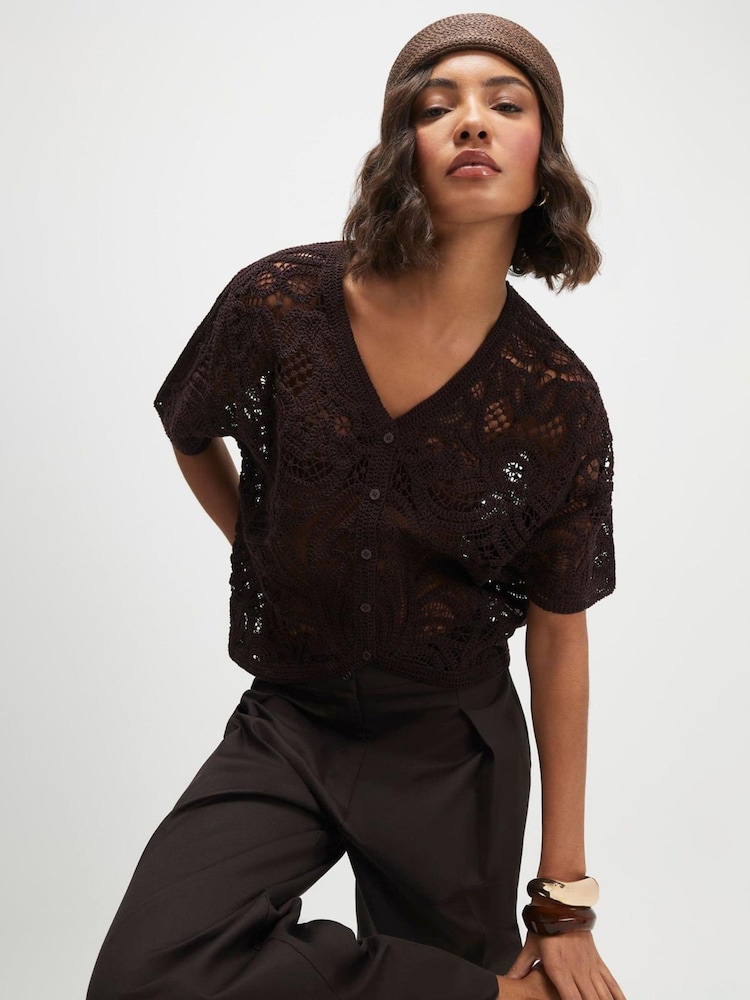 River Island Brown Crochet Stitch Cardigan - Image 2 of 4