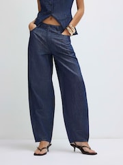River Island Blue Premium Denim Barrel contains Linen Trousers - Image 1 of 4