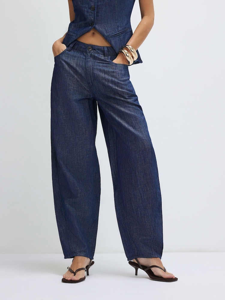 River Island Blue Premium Denim Barrel contains Linen Trousers - Image 1 of 4 River Island Blue Premium Denim Barrel contains Linen Trousers - Image 1 of 4