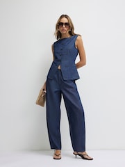 River Island Blue Premium Denim Barrel contains Linen Trousers - Image 2 of 4