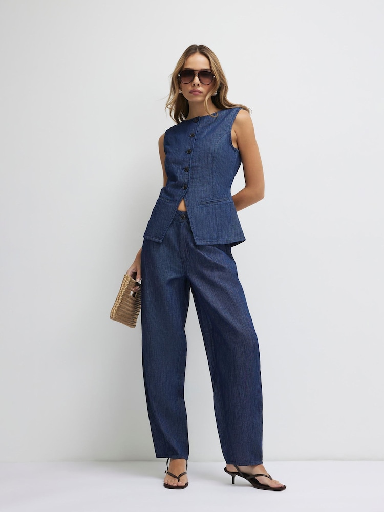 River Island Blue Premium Denim Barrel contains Linen Trousers - Image 2 of 4 River Island Blue Premium Denim Barrel contains Linen Trousers - Image 2 of 4