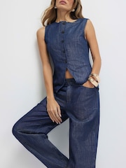 River Island Blue Premium Denim Barrel contains Linen Trousers - Image 3 of 4