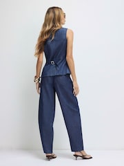 River Island Blue Premium Denim Barrel contains Linen Trousers - Image 4 of 4