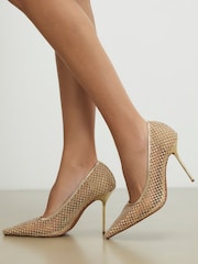 River Island Gold Embellished Mesh Heeled Court Shoes - Image 1 of 5