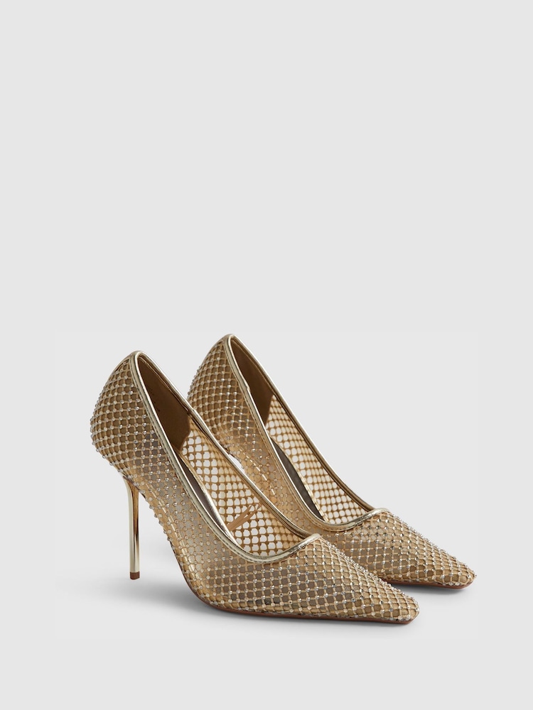 River Island Gold Embellished Mesh Heeled Court Shoes - Image 2 of 5 River Island Gold Embellished Mesh Heeled Court Shoes - Image 2 of 5