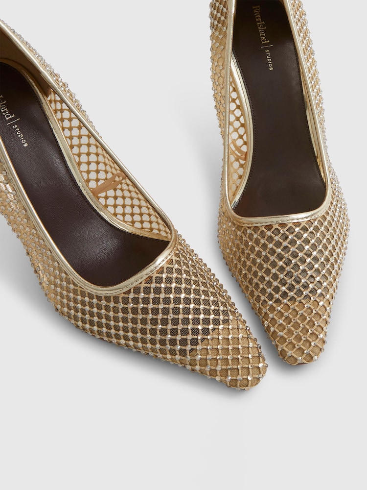 River Island Gold Embellished Mesh Heeled Court Shoes - Image 5 of 5 River Island Gold Embellished Mesh Heeled Court Shoes - Image 5 of 5