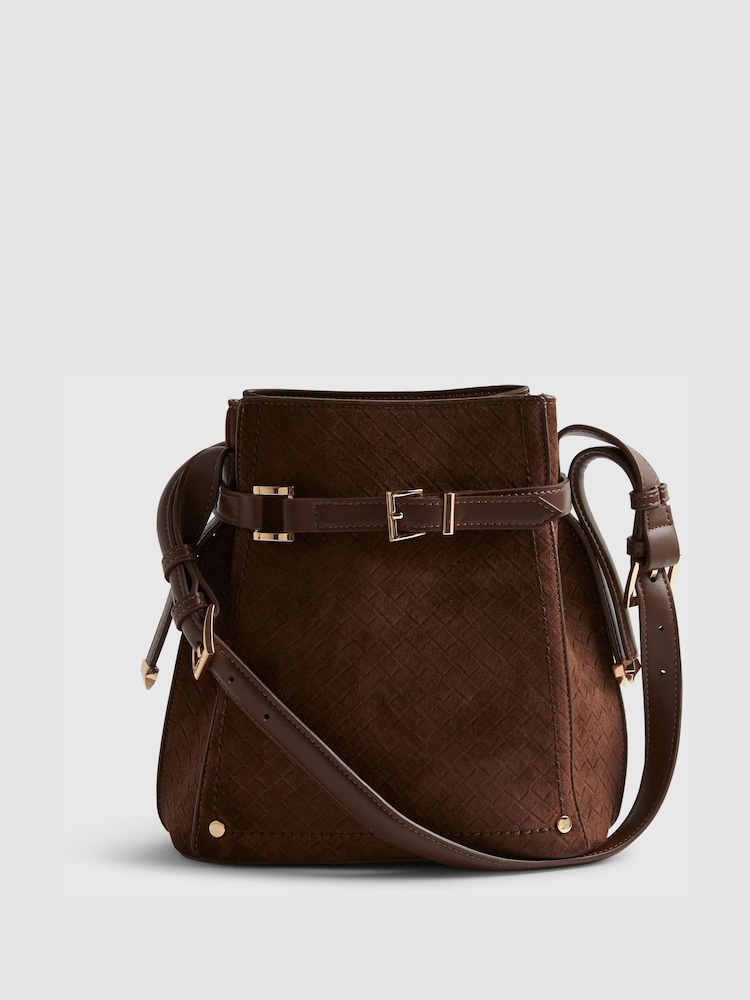 River Island Brown Buckle Top Weave Bucket Bag - Image 2 of 6
