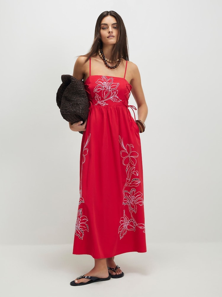 River Island Red Cutwork Tie Side Midi Dress - Image 1 of 4 River Island Red Cutwork Tie Side Midi Dress - Image 1 of 4