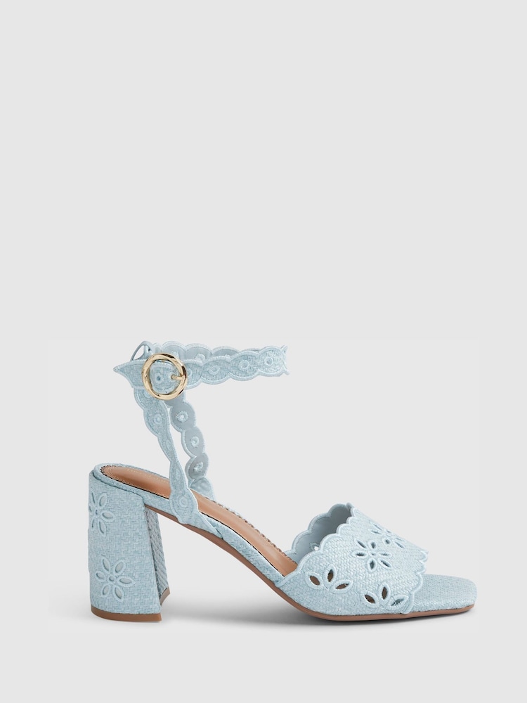 River Island Blue Broderie Block Heel Sandals - Image 2 of 6 River Island Blue Broderie Block Heel Sandals - Image 2 of 6