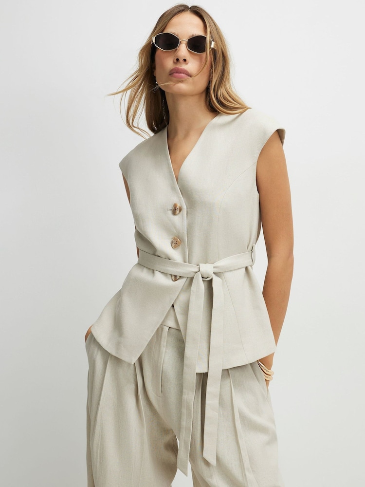 River Island Grey Linen Blend Tie Waist Coat - Image 1 of 4 River Island Grey Linen Blend Tie Waist Coat - Image 1 of 4