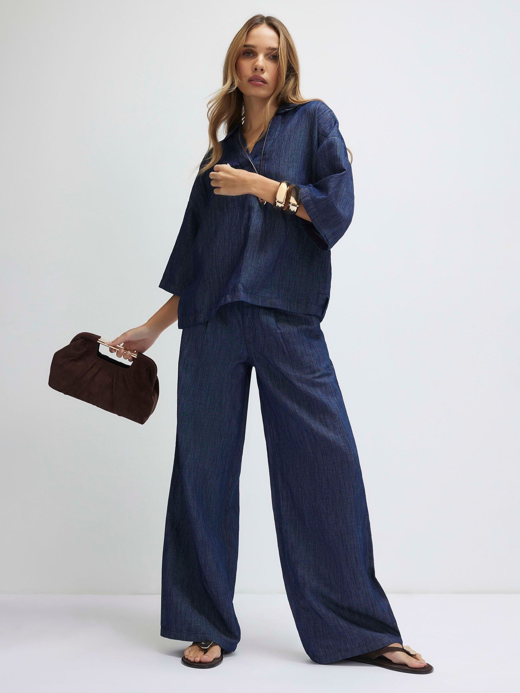 Buy River Island Blue Premium Denim Linen Look Wide Leg Trousers