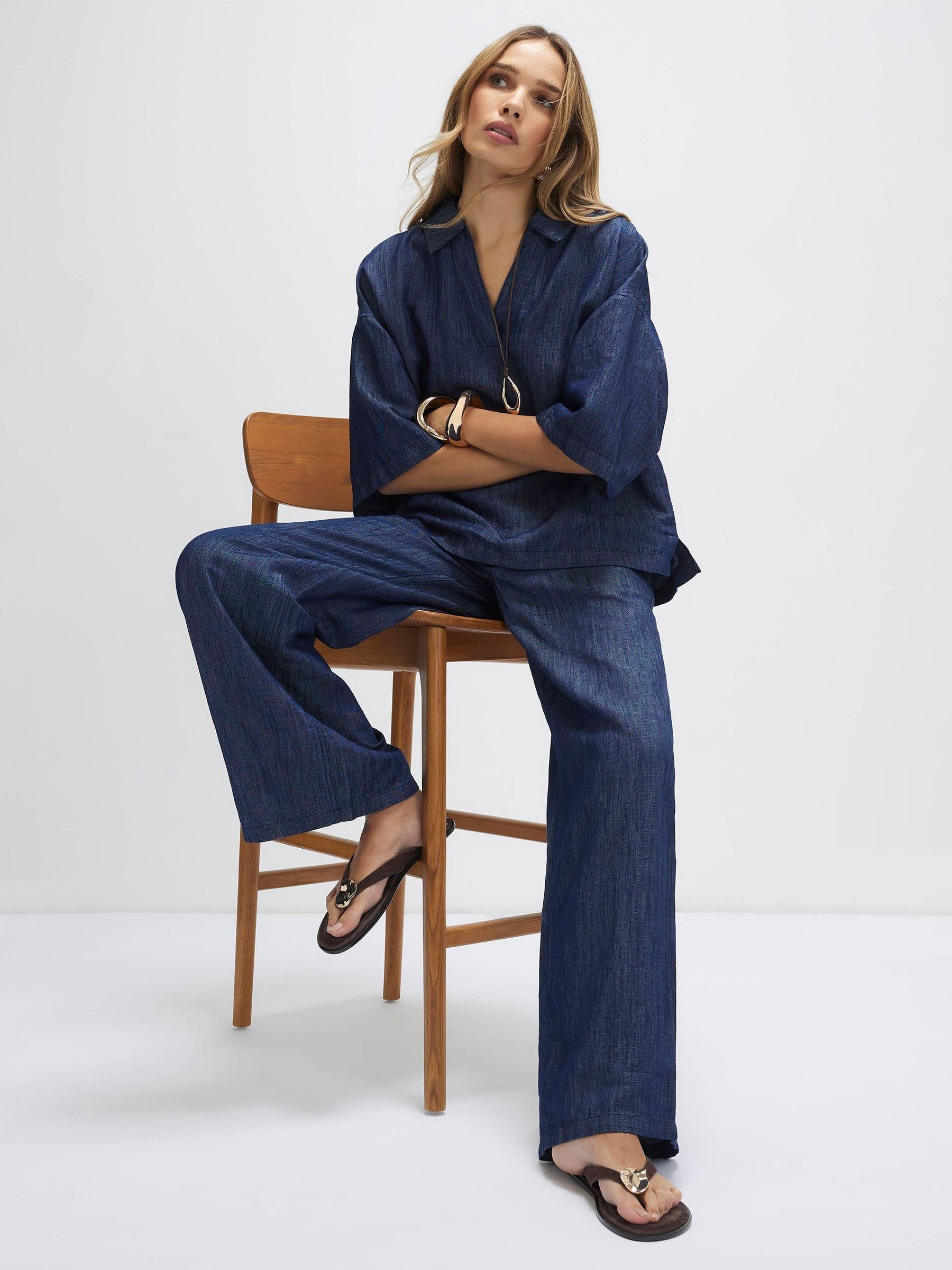 Buy River Island Blue Premium Denim Linen Look Wide Leg Trousers