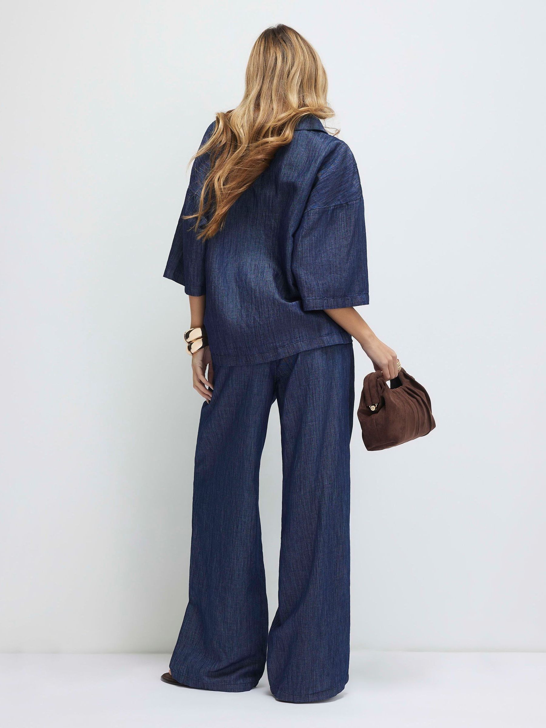 Buy River Island Blue Premium Denim Linen Look Wide Leg Trousers